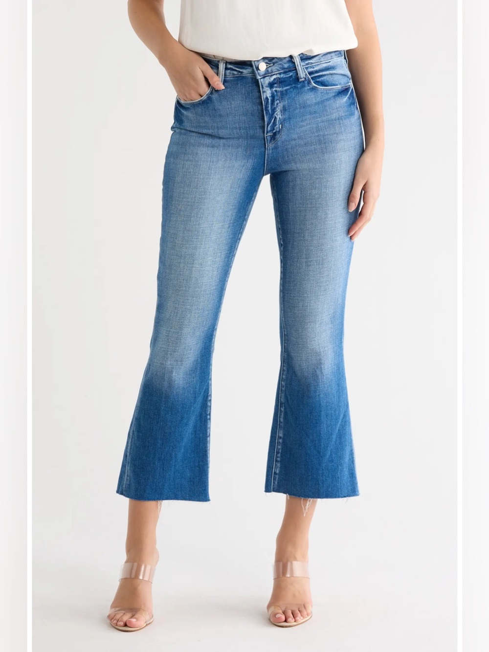 L'AGENCE Kendra Balboa Blue Denim High Waist Raw Hem 70s Crop Flare Jeans Sz 26